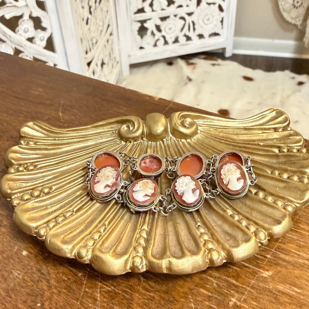 Antique 925 Sterling Silver Shell Carved Cameo Bracelet